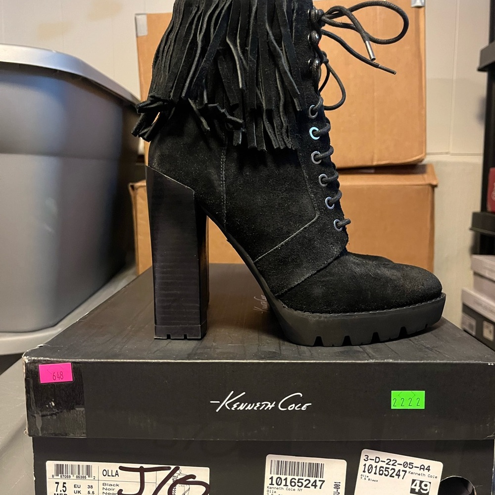 Kenneth Cole Black Suede Heeled Boots with Fringe